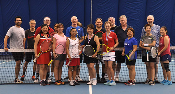 group photo Montgomery Tennisplex and Tennis WinWin Racquets and Rockets Adult Tennis and Fireworks Party 2019